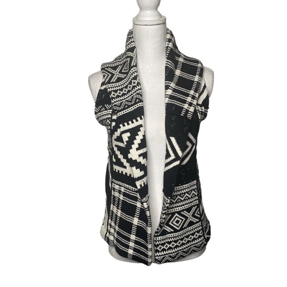RALPH LAUREN Petites Black White Tribal Knit Open Sweater Vest SZ PP Small - Picture 2 of 9